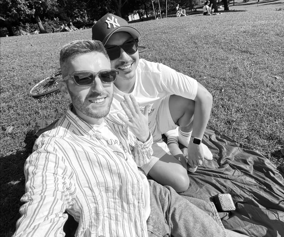 Mac and CJ relaxing together outdoors